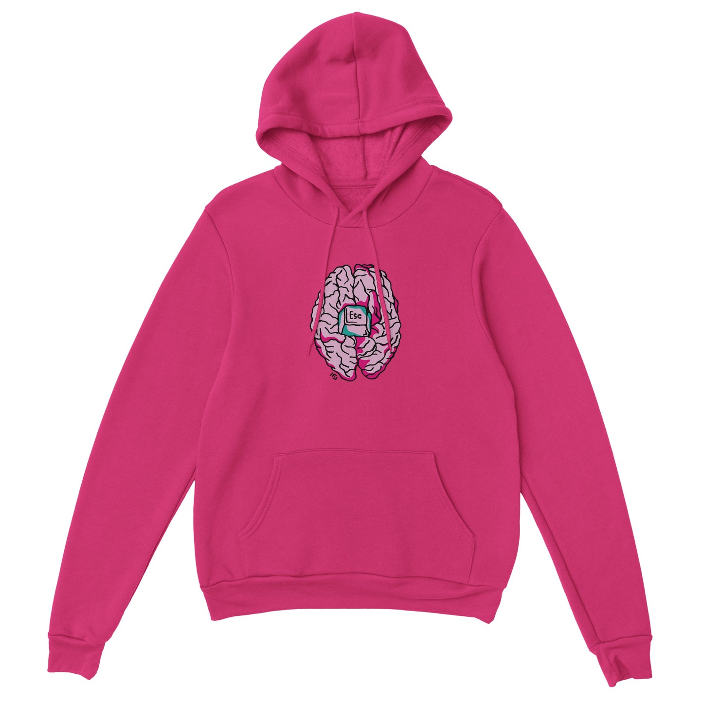 Dale un toque audaz a tu estilo con esta sudadera fucsia con capucha, que presenta un diseño minimalista de un cerebro con un botón de escape en el centro