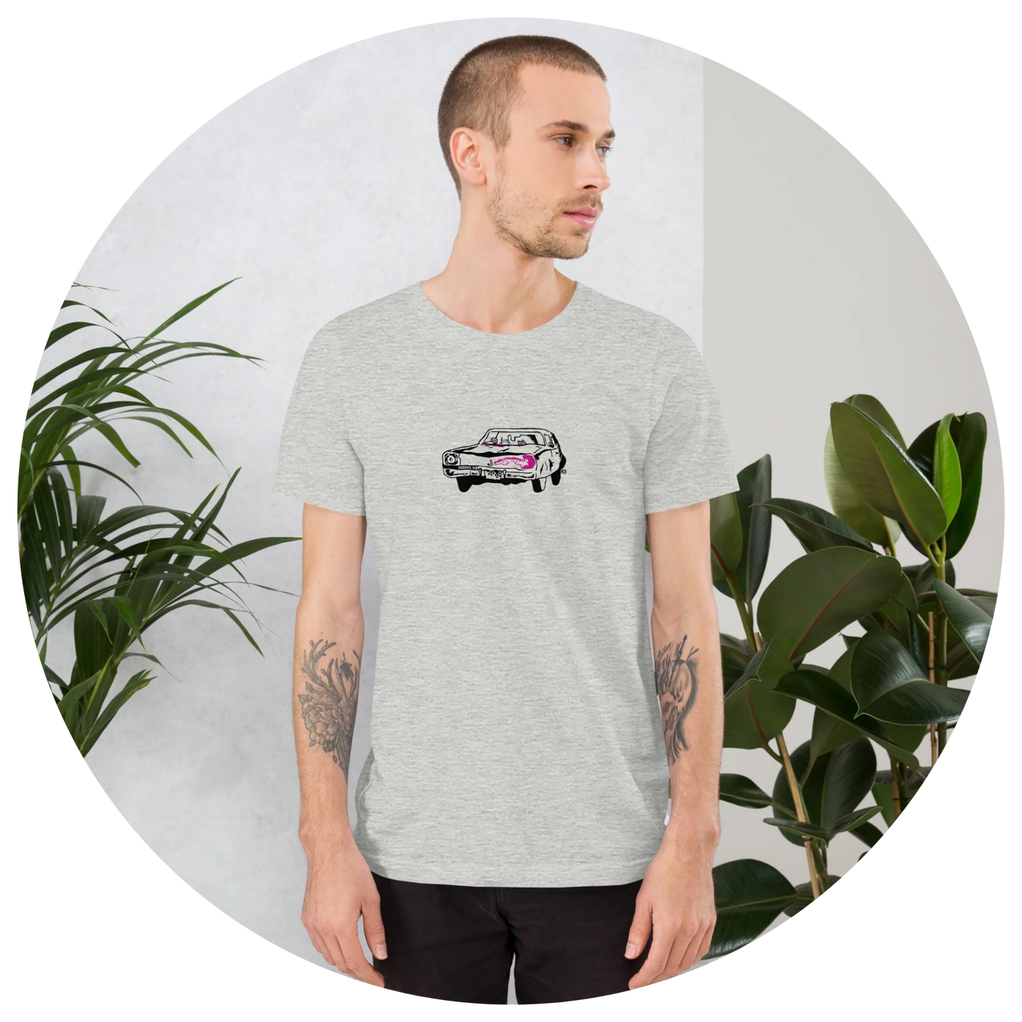 Hellgraues Unisex-T-Shirt im Oldtimer-Design