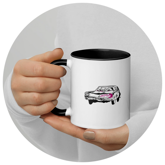 11oz vintage car ceramic white mug, black interior color