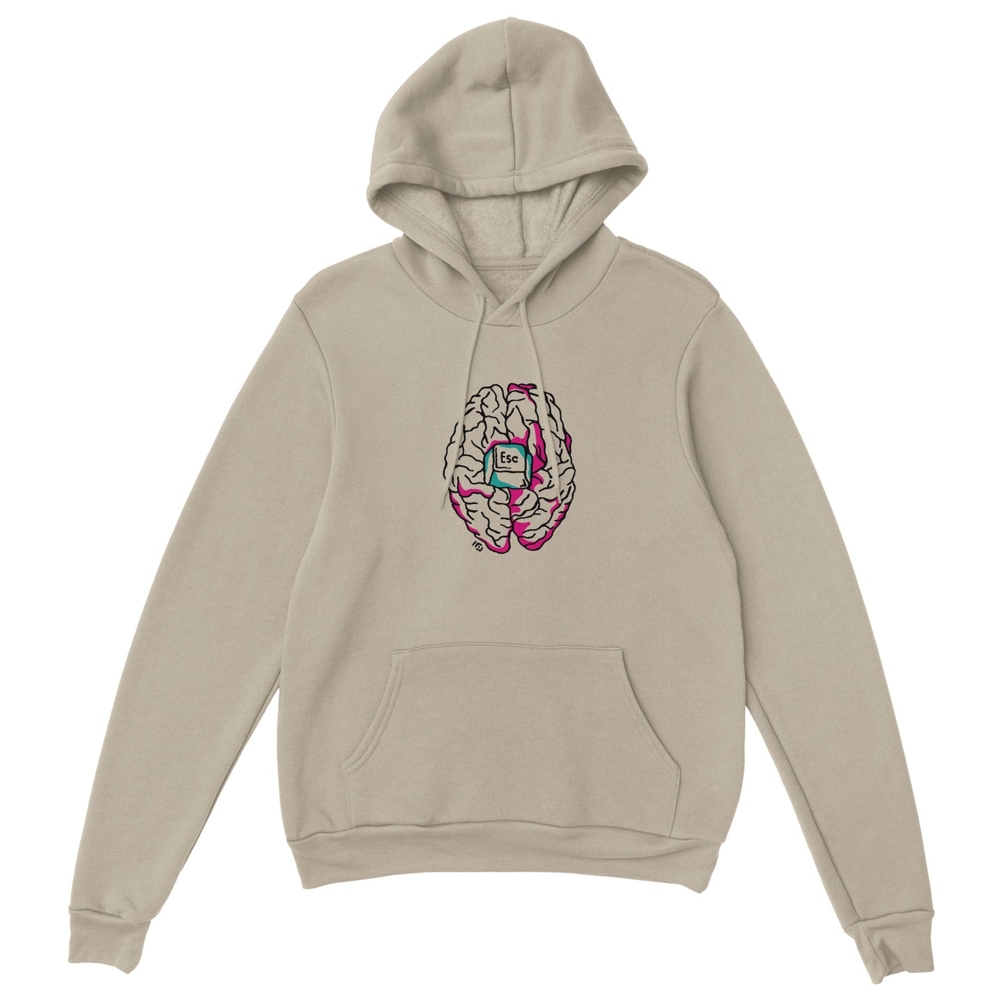 Esta sudadera beige con capucha combina estilo y originalidad con su ilustración frontal minimalista de un cerebro con un botón de "escape" en el centro