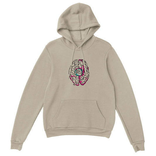 Esta sudadera beige con capucha combina estilo y originalidad con su ilustración frontal minimalista de un cerebro con un botón de "escape" en el centro