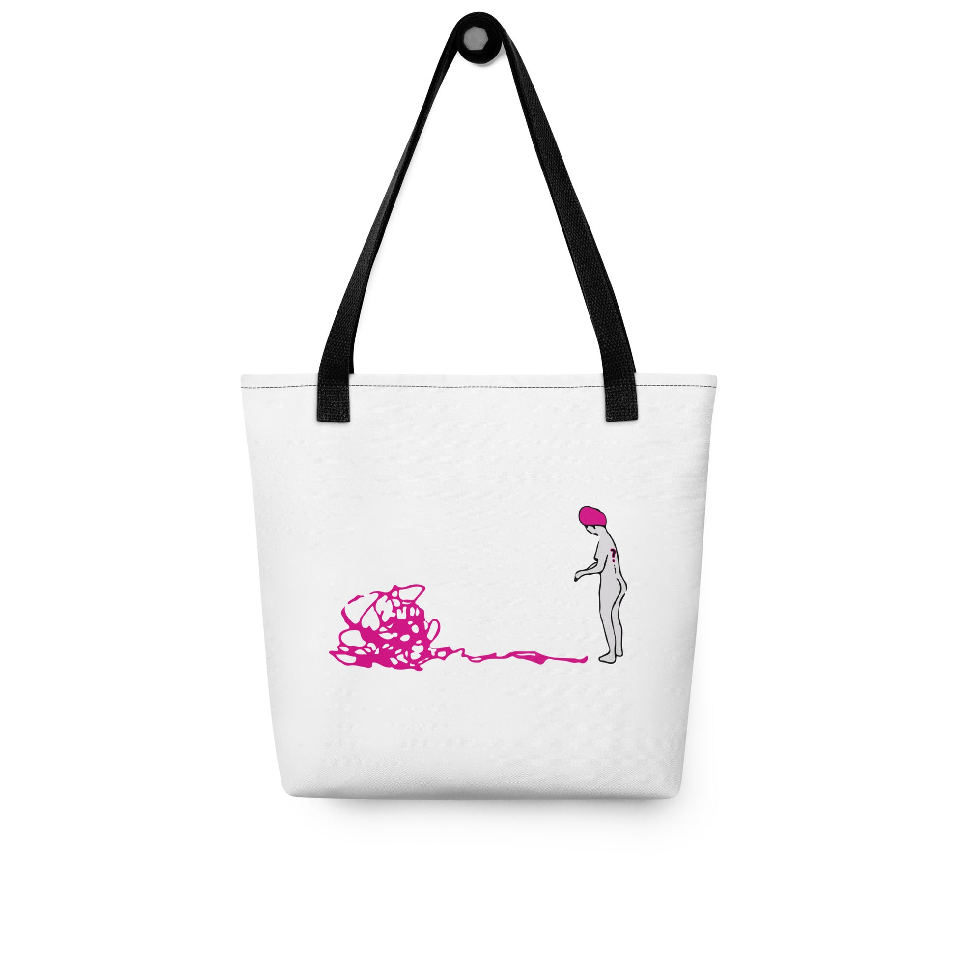 tote bag ilustración minimalista de una mujer con un signo de interrogación en la cabeza,