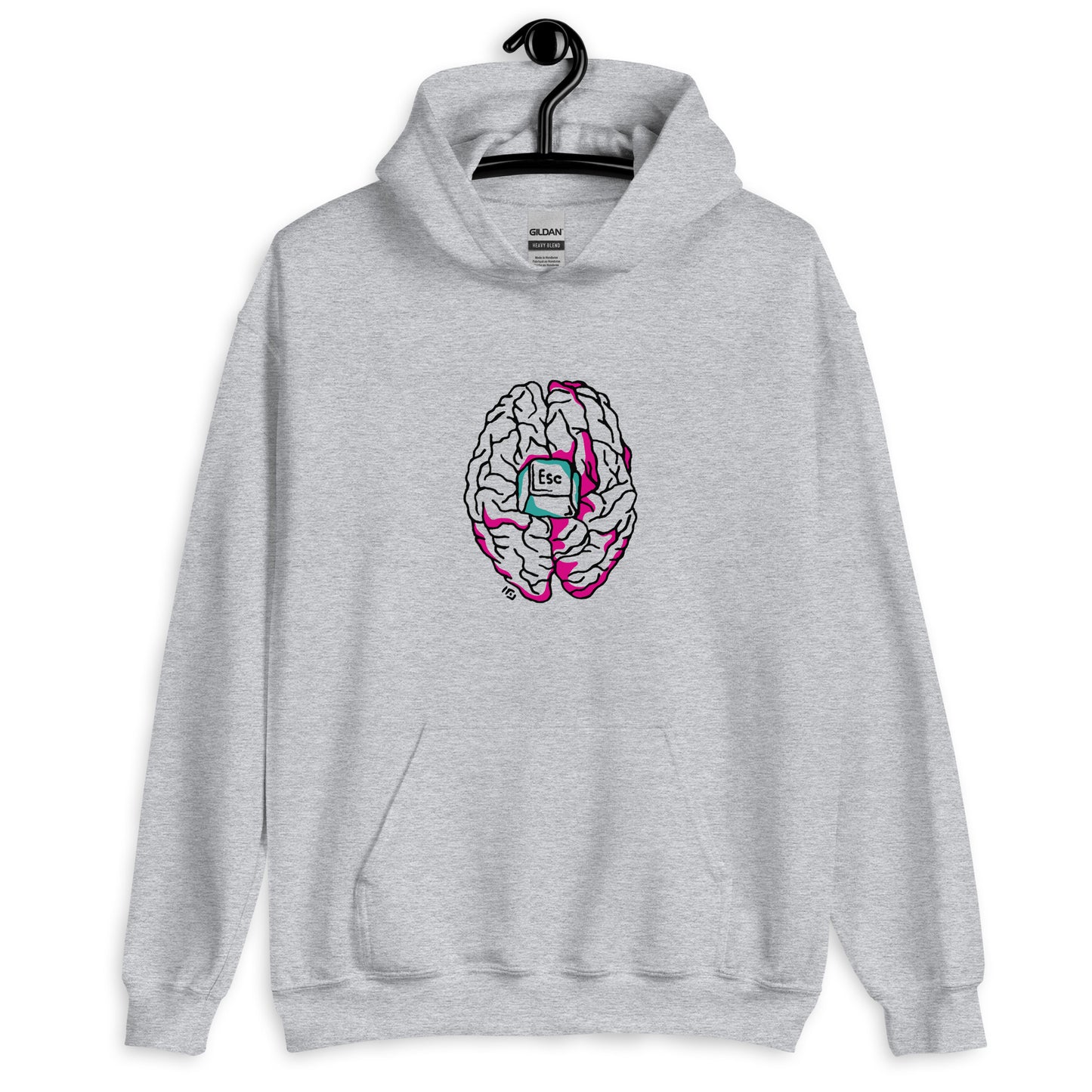 Sudadera Gris Claro con Capucha: Diseño Minimalista Mindfulness con Cerebro y Botón 'Escape'