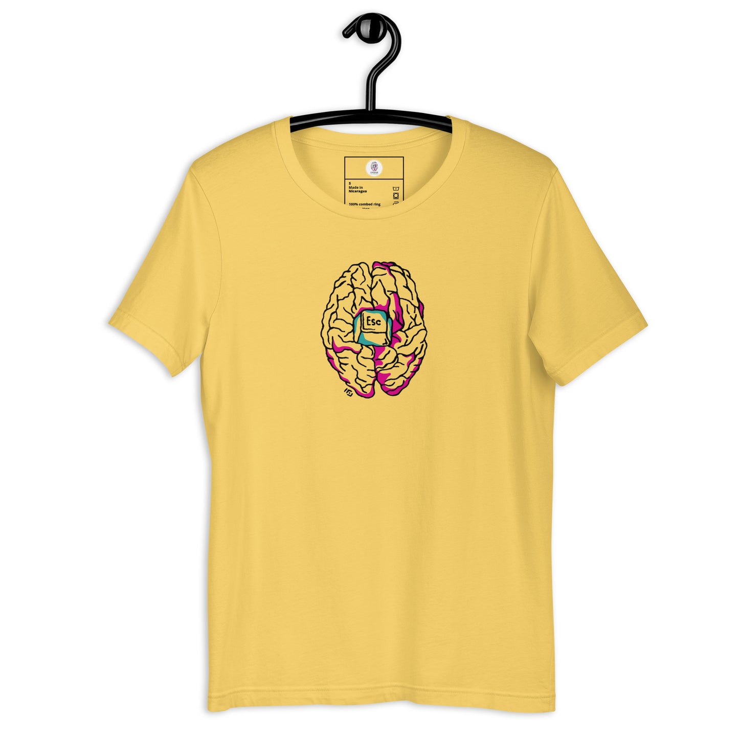 Camiseta amarilla con una ilustración minimalista de un cerebro, mindfulness